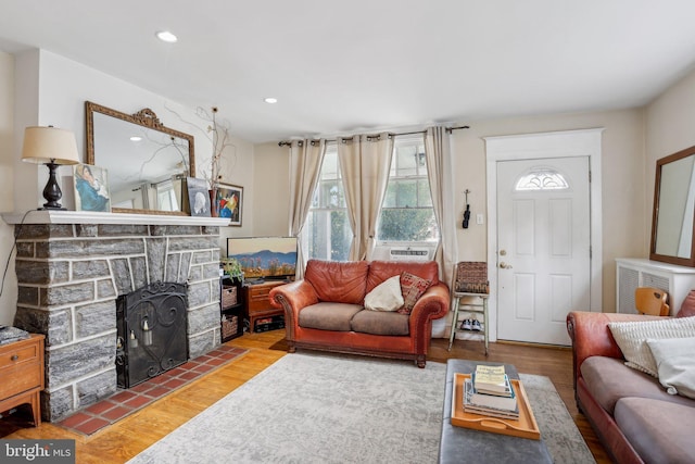 living room with wood-type flooring and a fireplace