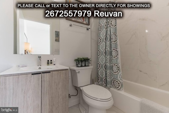 full bathroom with vanity, toilet, and shower / bathtub combination with curtain