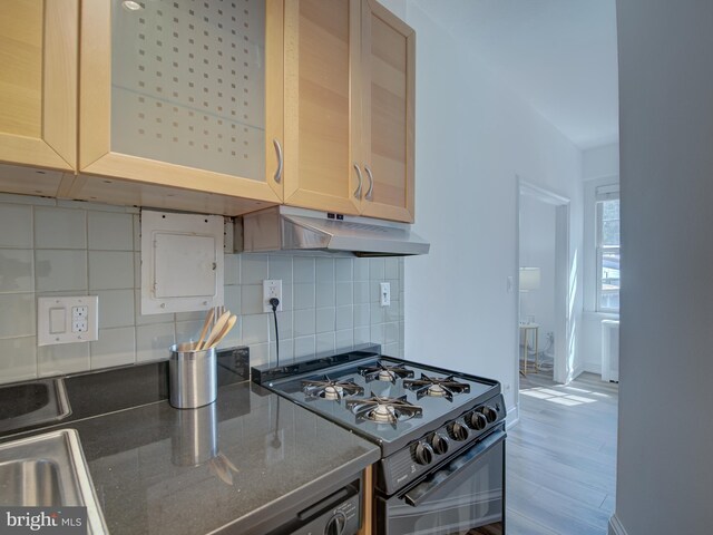 kitchen featuring hardwood / wood-style floors, decorative backsplash, and high end range