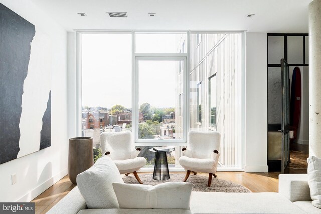 living room featuring expansive windows and light hardwood / wood-style floors