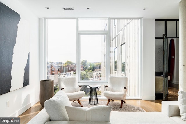 sitting room with light hardwood / wood-style flooring, floor to ceiling windows, and a healthy amount of sunlight