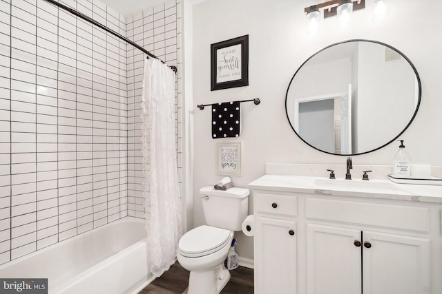 full bathroom featuring shower / bath combo, vanity, toilet, and hardwood / wood-style floors