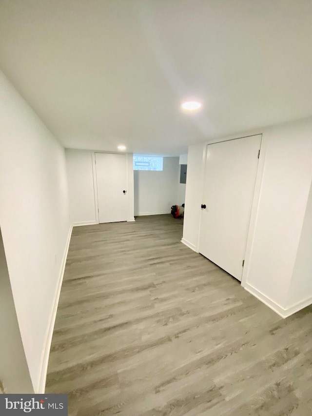 basement with light hardwood / wood-style flooring