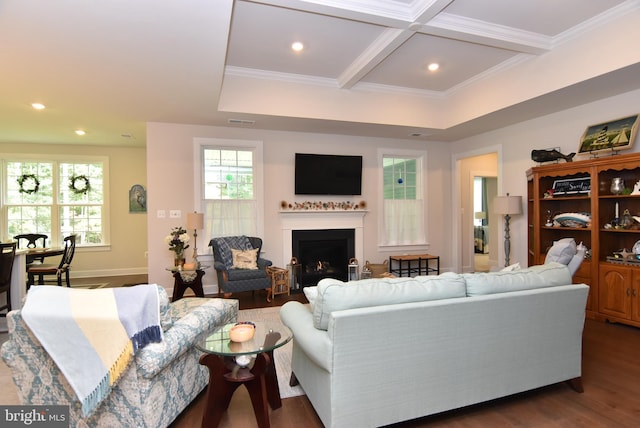 living room featuring beamed ceiling, coffered ceiling, dark hardwood / wood-style floors, and crown molding