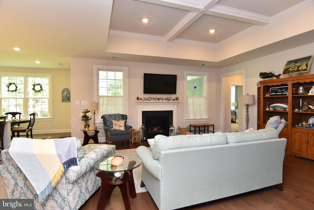 living room with beam ceiling, coffered ceiling, and dark hardwood / wood-style floors