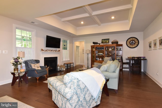 living room with beam ceiling, coffered ceiling, crown molding, and dark hardwood / wood-style flooring