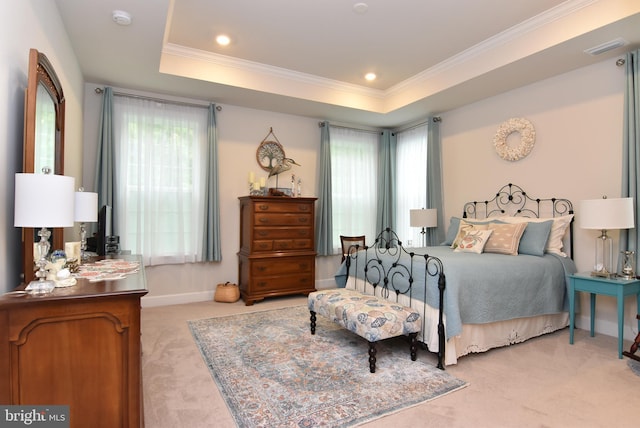 bedroom with a raised ceiling, crown molding, and light colored carpet