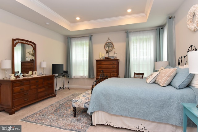 carpeted bedroom with ornamental molding and a tray ceiling