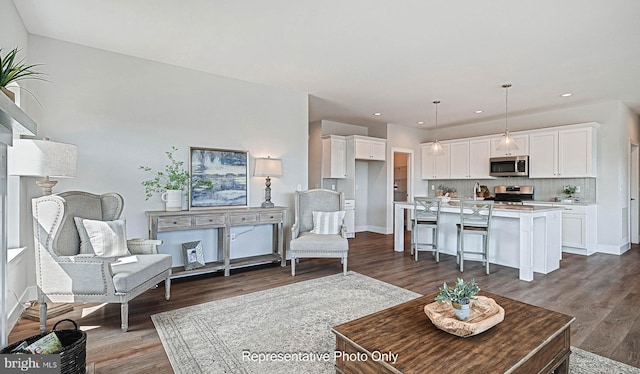 01 Bella May Cir, Lebanon, PA 17046 - living room with dark wood finished floors, baseboards, and recessed lighting