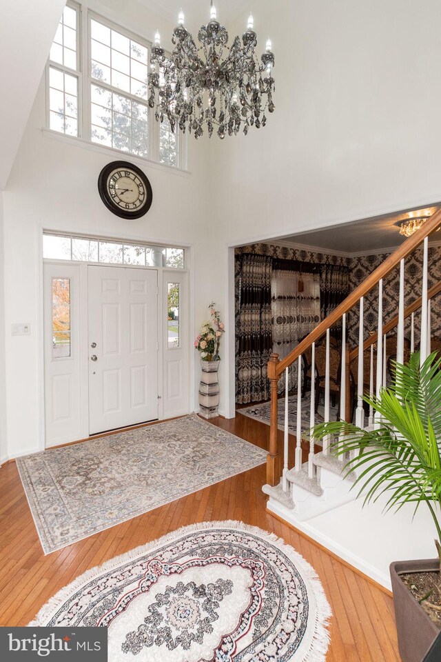 entrance foyer featuring a towering ceiling, hardwood / wood-style floors, and a wealth of natural light