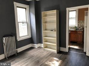 interior space with radiator heating unit, multiple windows, and dark hardwood / wood-style floors