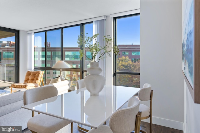 dining room featuring floor to ceiling windows and hardwood / wood-style flooring