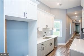 kitchen with white cabinets, backsplash, wood-type flooring, and sink