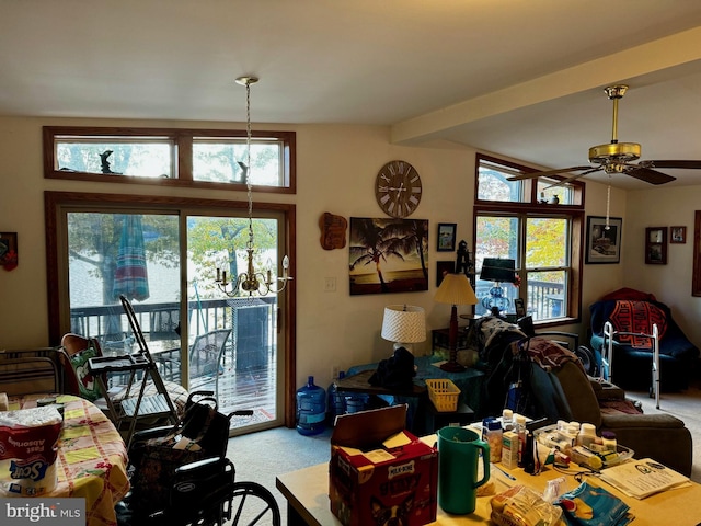 dining room featuring ceiling fan, carpet floors, and plenty of natural light