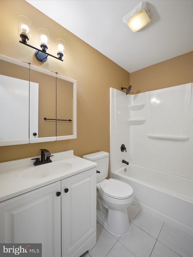 full bathroom with vanity, toilet, bathtub / shower combination, and tile patterned floors