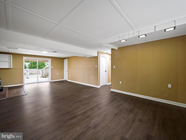 interior space with wood walls and dark wood-type flooring