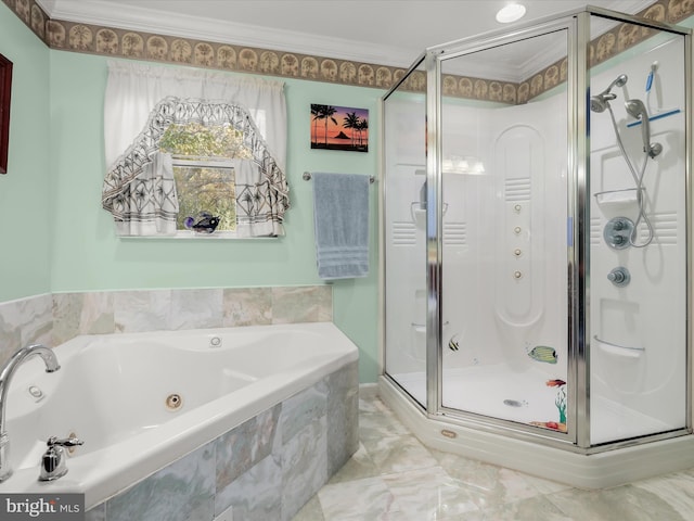 bathroom featuring ornamental molding and shower with separate bathtub