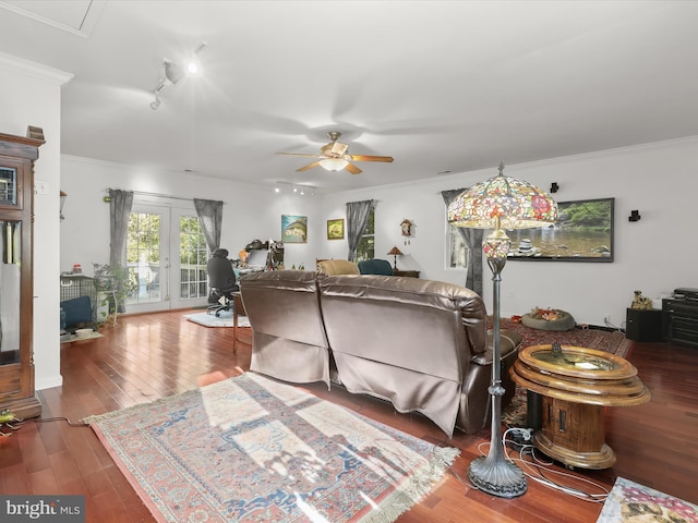 living room with french doors, ceiling fan, crown molding, and hardwood / wood-style floors