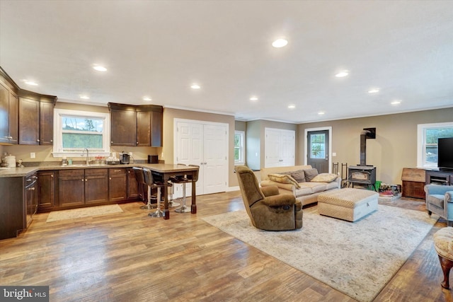 living room featuring ornamental molding, sink, light hardwood / wood-style floors, and a wood stove