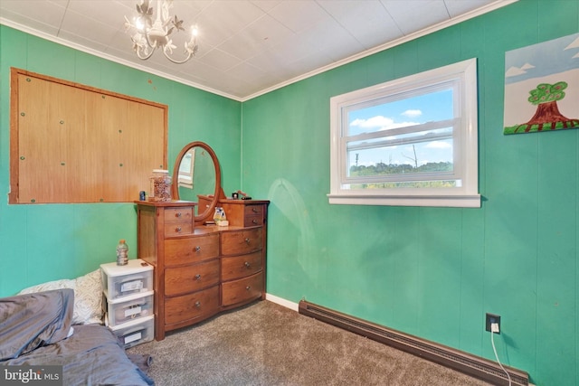 bedroom with an inviting chandelier, baseboard heating, carpet flooring, and crown molding