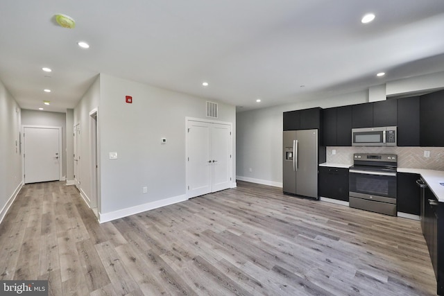 kitchen with appliances with stainless steel finishes, tasteful backsplash, and light hardwood / wood-style flooring