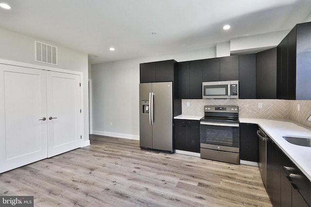 kitchen featuring light hardwood / wood-style flooring, stainless steel appliances, and backsplash