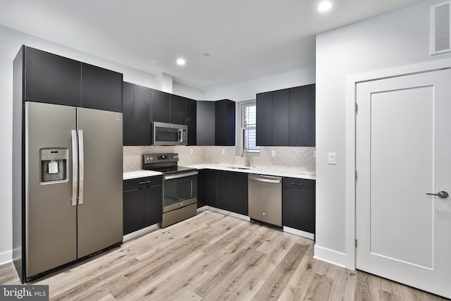 kitchen with appliances with stainless steel finishes, light wood-type flooring, sink, and tasteful backsplash