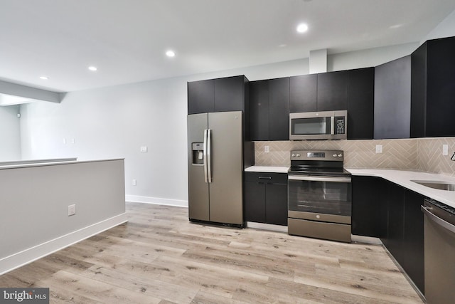 kitchen with appliances with stainless steel finishes, sink, light hardwood / wood-style flooring, and tasteful backsplash