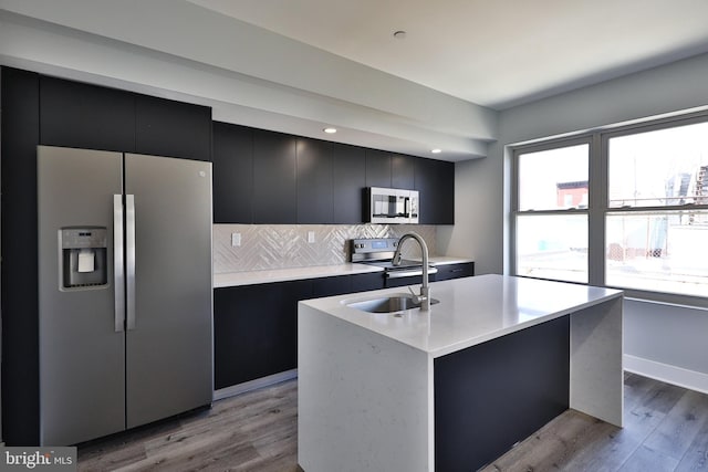 kitchen featuring sink, a kitchen island with sink, stainless steel appliances, light hardwood / wood-style floors, and decorative backsplash