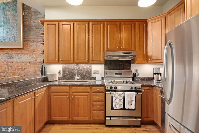 kitchen featuring light hardwood / wood-style floors, tasteful backsplash, sink, stainless steel appliances, and dark stone countertops