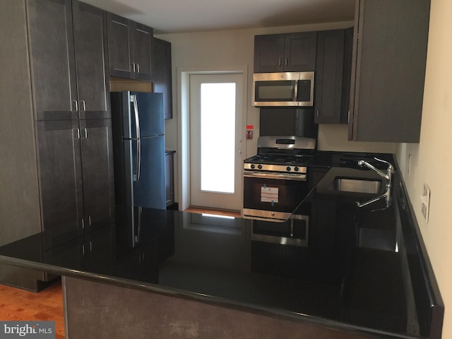 kitchen with appliances with stainless steel finishes, hardwood / wood-style flooring, and sink