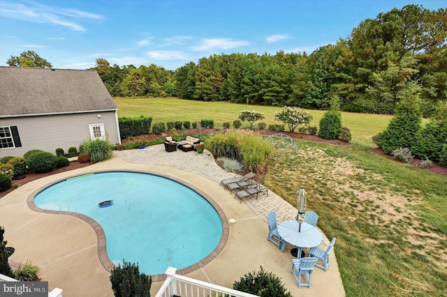 view of swimming pool with a patio and a yard