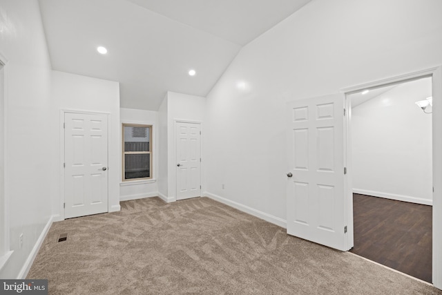 7213 Tyler Ave, Falls Church, VA 22042 - carpeted empty room featuring visible vents, baseboards, lofted ceiling, and recessed lighting