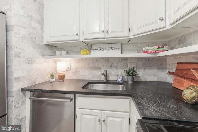 kitchen with backsplash, sink, and white cabinetry