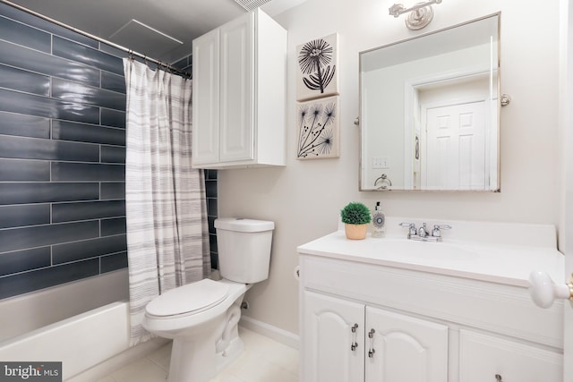 full bathroom with tile patterned flooring, vanity, toilet, and shower / bath combination with curtain