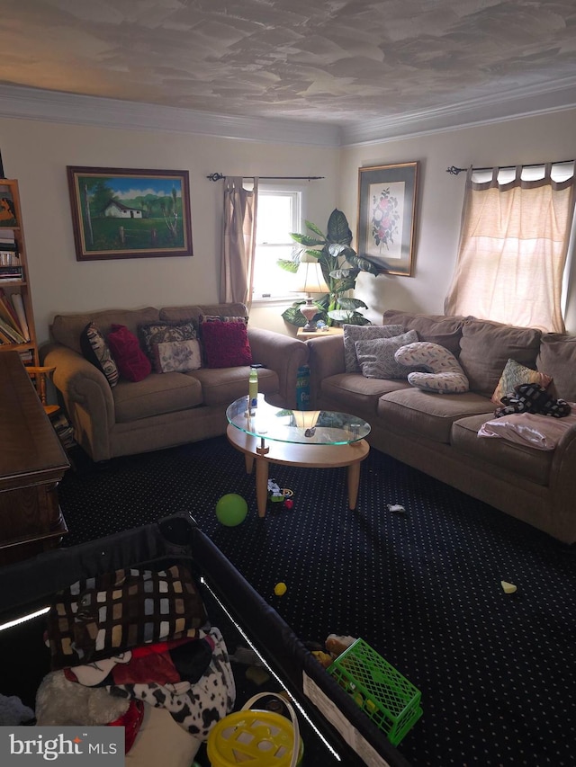 living room with ornamental molding