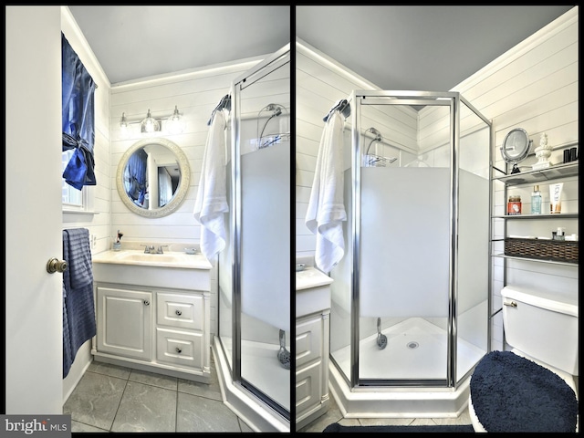 bathroom with vanity, toilet, tile patterned floors, and a shower with door