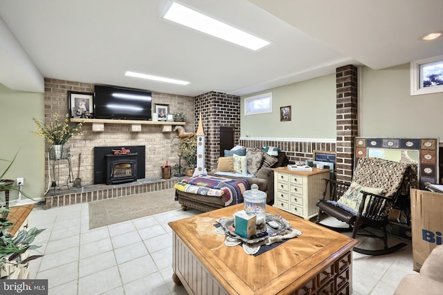 tiled living room with a wood stove