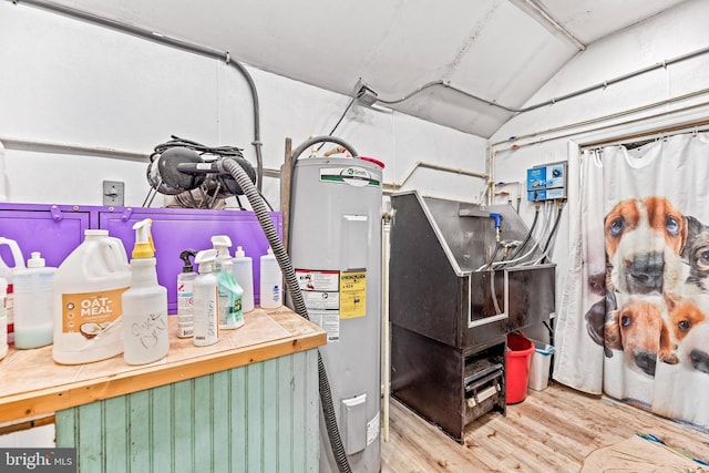 basement featuring water heater and light hardwood / wood-style flooring