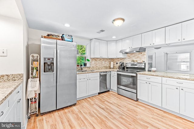 kitchen with appliances with stainless steel finishes, backsplash, light hardwood / wood-style floors, and white cabinets