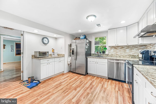 kitchen featuring light hardwood / wood-style flooring, white cabinets, and appliances with stainless steel finishes