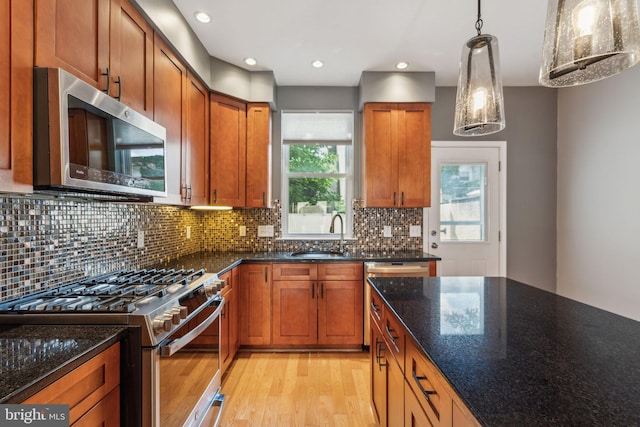 kitchen with light hardwood / wood-style floors, stainless steel appliances, plenty of natural light, and sink