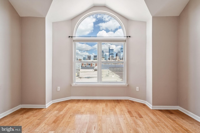 spare room with a healthy amount of sunlight, light hardwood / wood-style floors, and lofted ceiling