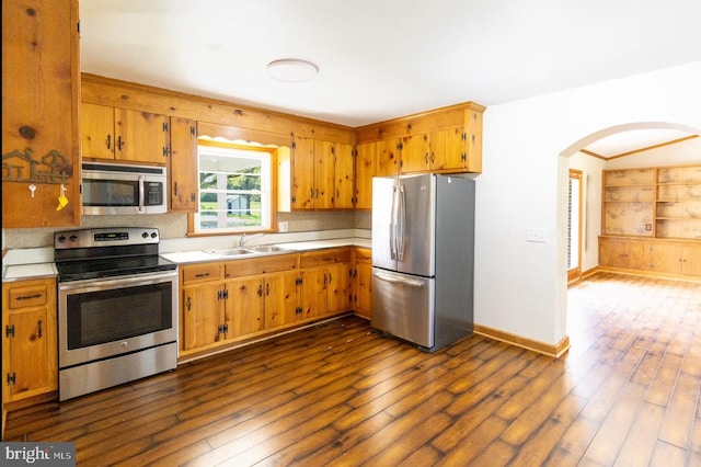 kitchen with dark wood-type flooring, sink, and stainless steel appliances