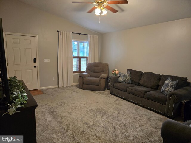 910 Sapphire Ct, Salisbury, MD 21804 - living room featuring lofted ceiling, a ceiling fan, carpet floors, and baseboards
