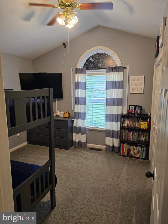 910 Sapphire Ct, Salisbury, MD 21804 - carpeted bedroom featuring lofted ceiling, baseboards, and a ceiling fan