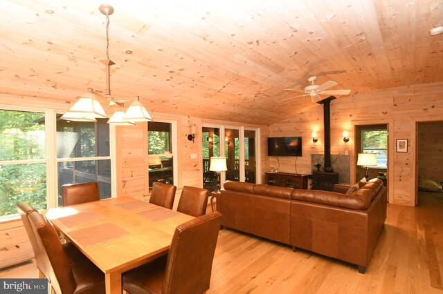 dining area featuring light hardwood / wood-style floors, vaulted ceiling, a wood stove, ceiling fan, and wooden walls