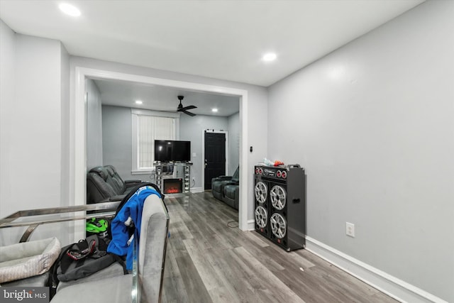 exercise area featuring ceiling fan and hardwood / wood-style floors