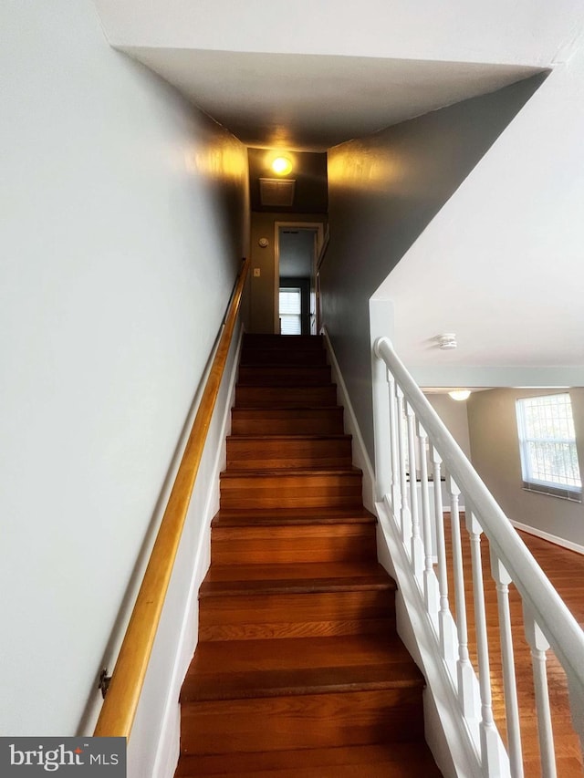 staircase featuring hardwood / wood-style flooring