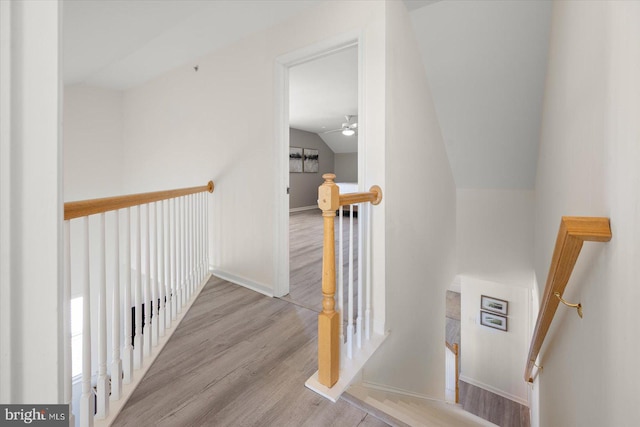 stairway featuring ceiling fan, lofted ceiling, and hardwood / wood-style floors